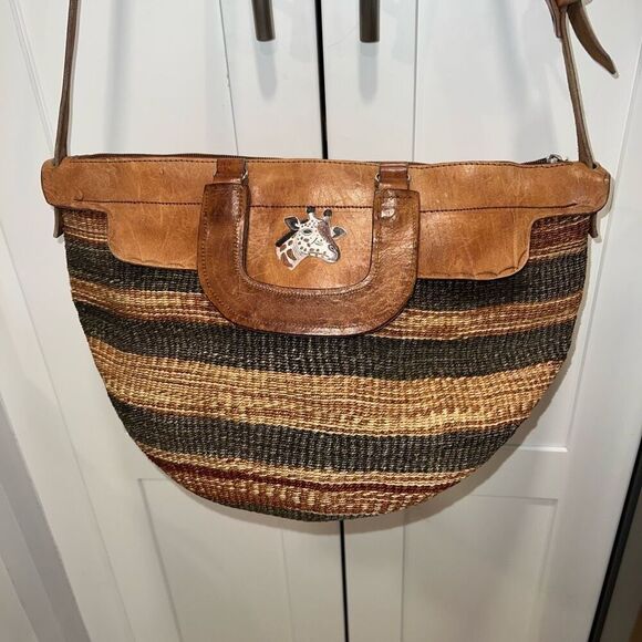 Vintage African Sisal Market Woven Bag Leather Handles & Strap Painted Giraffe - Picture 2 of 11